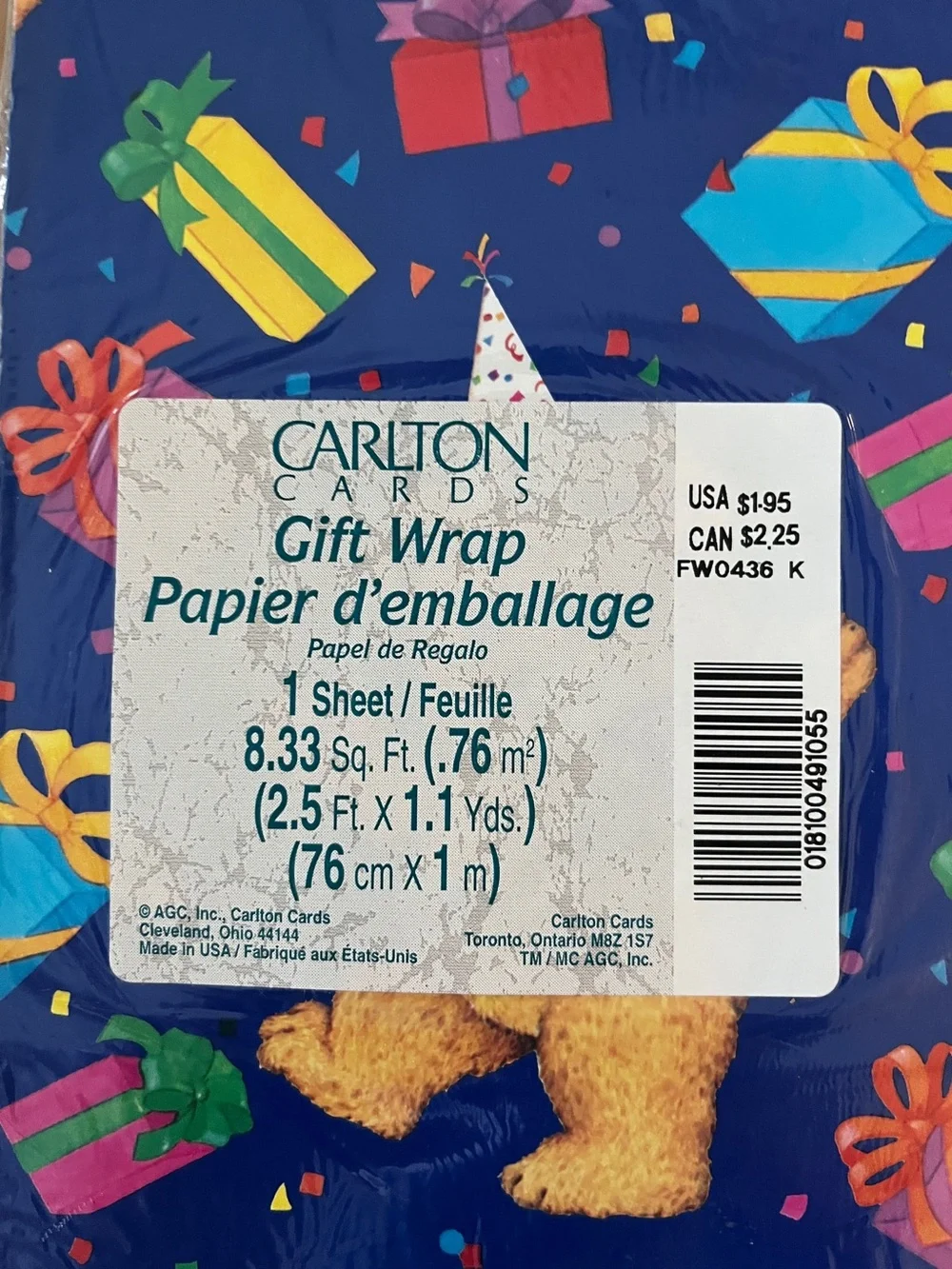 VTG 90s Carlton Cards Birthday Blue & Presents Bear Gift Wrap - 2 Pack